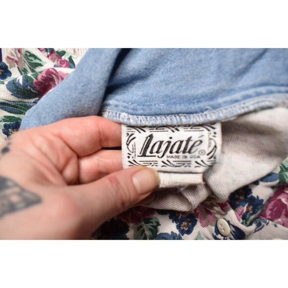 Vintage Lajate Button Up Collared Crop Tee Shirt Floral Flowers Womens Large - Picture 5 of 8